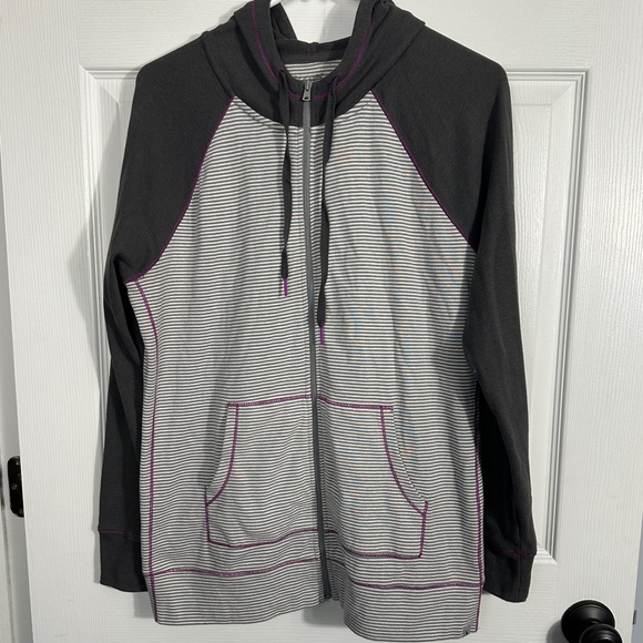 Eddie Bauer Gray/white knit zip front hoodie, purple trim, size large, fall - Picture 1 of 12